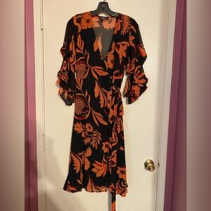 Lulu's Black and Salmon Color Floral 3/4 Length Sleeves Wrap Dress